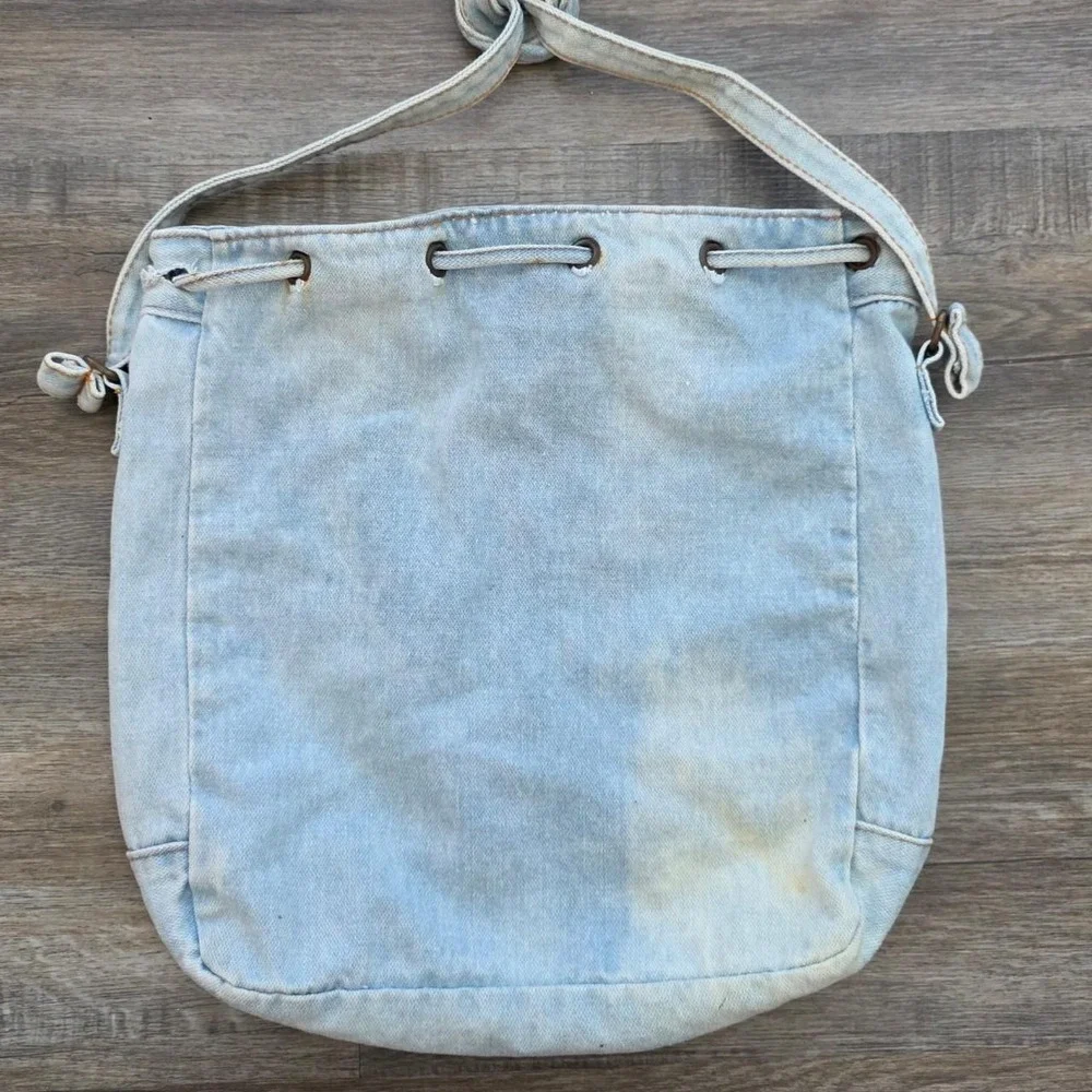 Vintage Shane Denim Patchwork Bucket Bag 80s 90s Plaid Boho Hobo Purse Blue